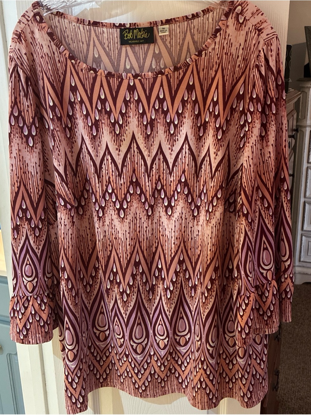 Bob Mackie Wearable Art Pink Mauve Print Bell Sleeve Blouse SZ 1X